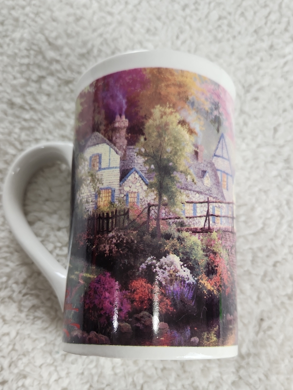 Thomas Kinkade Cottage Garden Mug - Bridge Horse Carriage. White Purple Green